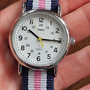 Timex Silver Watch with Striped Strap